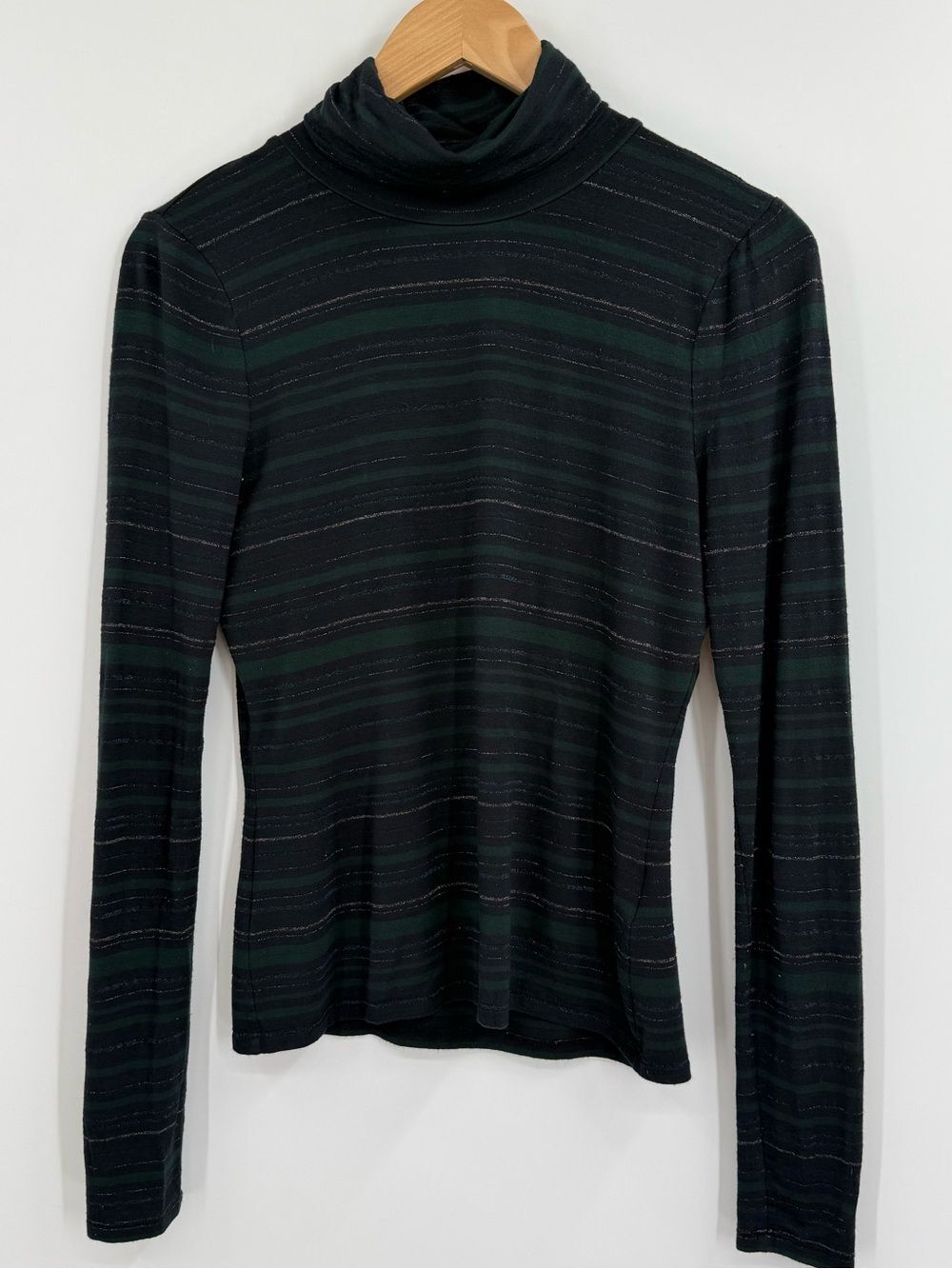 Veronica Beard Metallic Striped Turtleneck Top | Navy / Green | XS